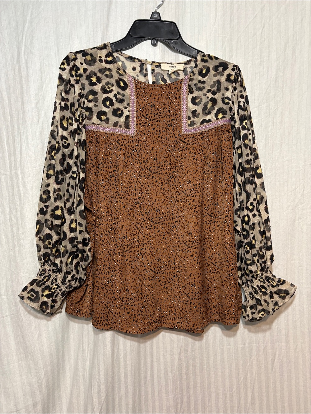 entro Mixed Animal-Print Long Sleeve Blouse - Brown/Tan